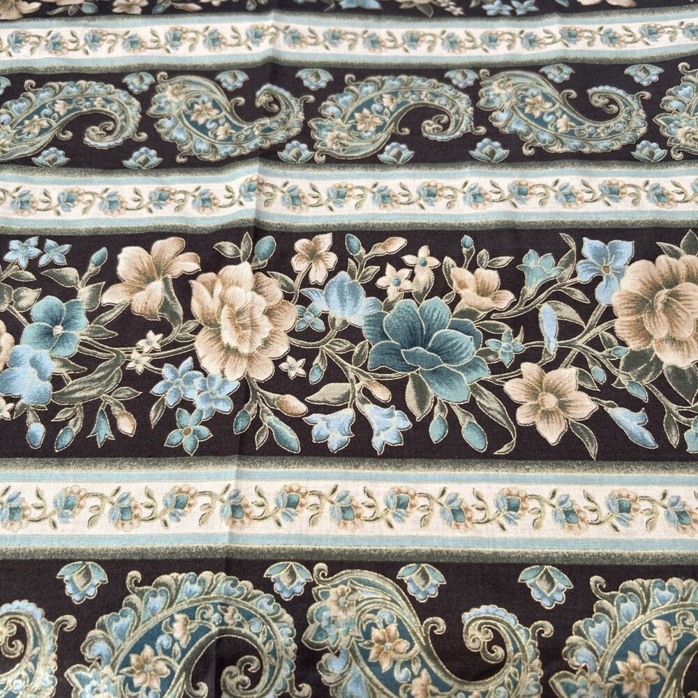 Cotton Quilting Fabric Traditions Brown Blue Paisley Floral Gold Outline 37 X 40